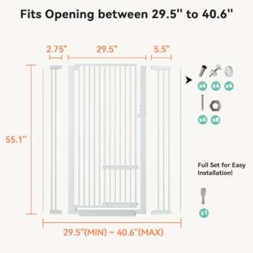 COMOMY 55.1" Extra Tall Pet Gate for Cats, 29.5-40.6" Extra Wide Cat Gate with Adjustable Cat Door, Pressure Mounted Easy Walk Through Pet Gate with Door for Stairs, Doorways, Kitchen(White)