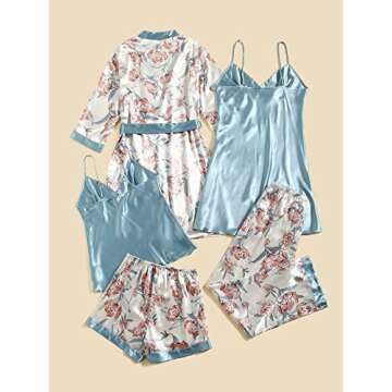 MakeMeChic Women's 5 Piece Sleepwear Floral Satin Cami Pajama Set Silk Nightgown with Robe Blue M