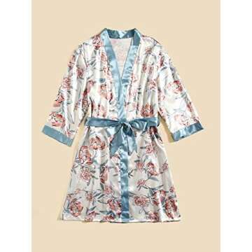 MakeMeChic Women's 5 Piece Sleepwear Floral Satin Cami Pajama Set Silk Nightgown with Robe Blue M