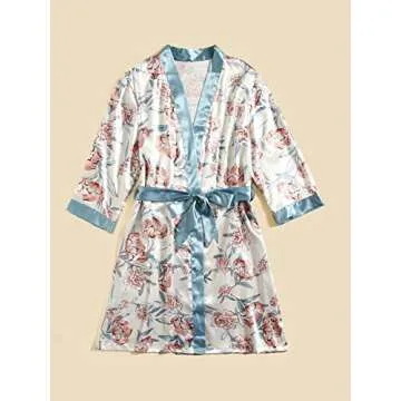 MakeMeChic Women's 5 Piece Sleepwear Floral Satin Cami Pajama Set Silk Nightgown with Robe Blue M