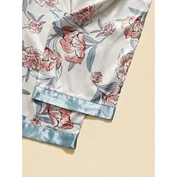 MakeMeChic Women's 5 Piece Sleepwear Floral Satin Cami Pajama Set Silk Nightgown with Robe Blue M