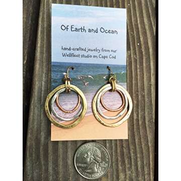 Handmade Sunrise Tricolor Dangle Earrings - Burnished Circles, Copper, Brass and Silverplated
