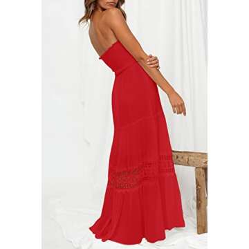 ZESICA Women's Summer Bohemian Strapless Off Shoulder Lace Trim Backless Flowy A Line Beach Long Maxi Dress,FireRed,Medium