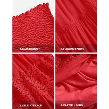 ZESICA Women's Summer Bohemian Strapless Off Shoulder Lace Trim Backless Flowy A Line Beach Long Maxi Dress,FireRed,Medium