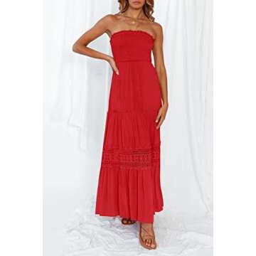 ZESICA Women's Summer Bohemian Strapless Off Shoulder Lace Trim Backless Flowy A Line Beach Long Maxi Dress,FireRed,Medium