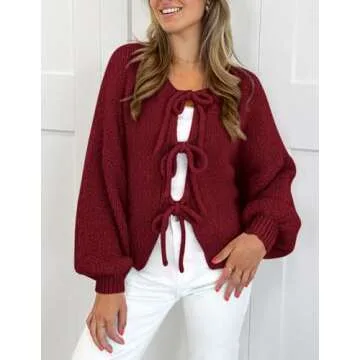 PRETTYGARDEN Women's Tie Front Bow Cardigan Sweaters Chunky Knit Long Puff Sleeve Trendy Fall Winter Jacket Coats (Wine Red,Large)