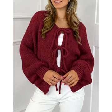 PRETTYGARDEN Women's Tie Front Bow Cardigan Sweaters Chunky Knit Long Puff Sleeve Trendy Fall Winter Jacket Coats (Wine Red,Large)