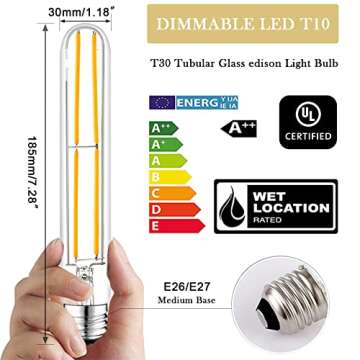NOVELUX 7.3 Inch E26 Led Bulb 60 watt Dimmable,2700k Soft White Edison Bulbs,6W Tubular T10 Long Cle...