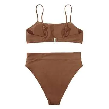MOSHENGQI Women High Waisted High Cut Bikini Push Up Bandeau Swimsuits (XL, Brown)