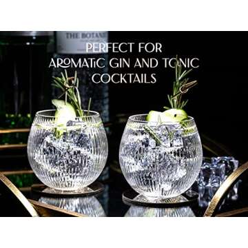 Vintage Art Deco Gin and Tonic Balloon Glasses | Set of 4 | 13.5 oz Stemless Crystal Copas for Drinking Gin Cocktails | Retro Gift Goblets for Gin Lovers | Bubble Cups for Bar Drinks