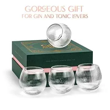 Vintage Art Deco Gin and Tonic Balloon Glasses | Set of 4 | 13.5 oz Stemless Crystal Copas for Drinking Gin Cocktails | Retro Gift Goblets for Gin Lovers | Bubble Cups for Bar Drinks