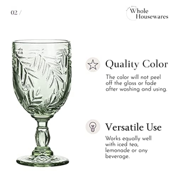WHOLE HOUSEWARES | Coloured Green Vintage Wine Glass Goblet | 8.5 oz Embossed Design | Wedding, Party Glass Set of 6 (Green)
