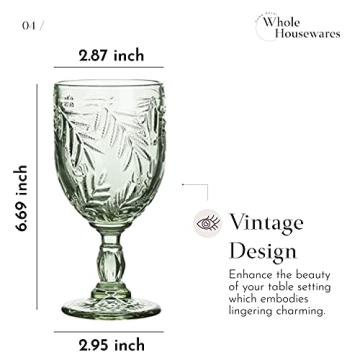 WHOLE HOUSEWARES | Coloured Green Vintage Wine Glass Goblet | 8.5 oz Embossed Design | Wedding, Party Glass Set of 6 (Green)