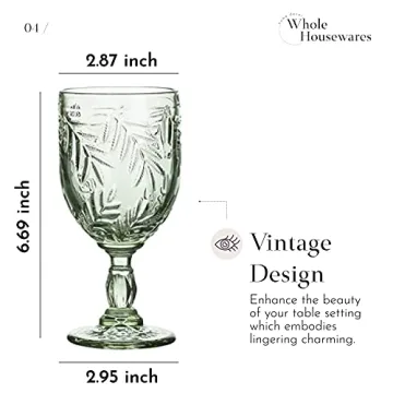 WHOLE HOUSEWARES | Coloured Green Vintage Wine Glass Goblet | 8.5 oz Embossed Design | Wedding, Party Glass Set of 6 (Green)