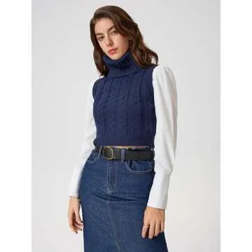 CIDER Women’s Cable Knit Turtle Neck Cropped Vest