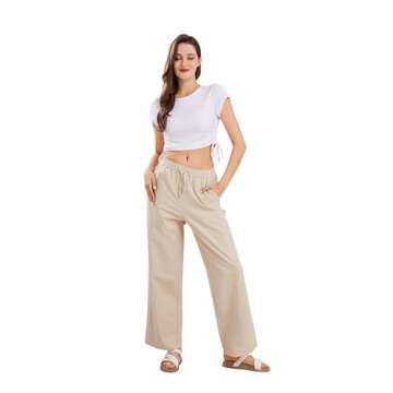 CHARTOU Women's Summer Drawstring Waist Wide Leg Loose Cotton Linen Palazzo Pants (Medium, Khaki)