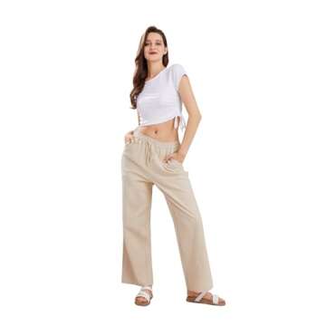 CHARTOU Women's Summer Drawstring Waist Wide Leg Loose Cotton Linen Palazzo Pants (Medium, Khaki)
