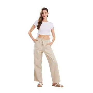 CHARTOU Women's Summer Drawstring Waist Wide Leg Loose Cotton Linen Palazzo Pants (Medium, Khaki)