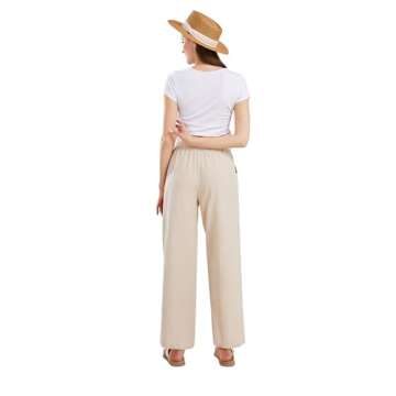 CHARTOU Women's Summer Drawstring Waist Wide Leg Loose Cotton Linen Palazzo Pants (Medium, Khaki)