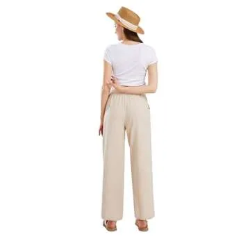CHARTOU Women's Summer Drawstring Waist Wide Leg Loose Cotton Linen Palazzo Pants (Medium, Khaki)