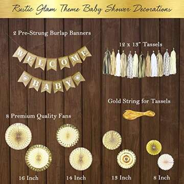 YARA Gender Neutral Baby Shower Decorations for Boy & Girl | Burlap Welcome Baby Banner | Woodland Rustic Boho Theme Oh Baby Decoration Reveal & Birthdays | Gold & Cream Decor Paper Fans & Tassels