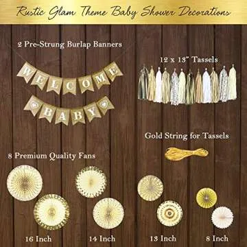 YARA Gender Neutral Baby Shower Decorations for Boy & Girl | Burlap Welcome Baby Banner | Woodland Rustic Boho Theme Oh Baby Decoration Reveal & Birthdays | Gold & Cream Decor Paper Fans & Tassels