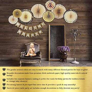 YARA Gender Neutral Baby Shower Decorations for Boy & Girl | Burlap Welcome Baby Banner | Woodland Rustic Boho Theme Oh Baby Decoration Reveal & Birthdays | Gold & Cream Decor Paper Fans & Tassels