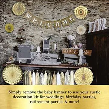 YARA Gender Neutral Baby Shower Decorations for Boy & Girl | Burlap Welcome Baby Banner | Woodland Rustic Boho Theme Oh Baby Decoration Reveal & Birthdays | Gold & Cream Decor Paper Fans & Tassels