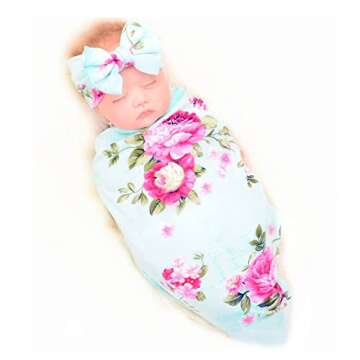 Galabloomer Receiving Blanket Headband Set Flower Print Baby Swaddle Blankets