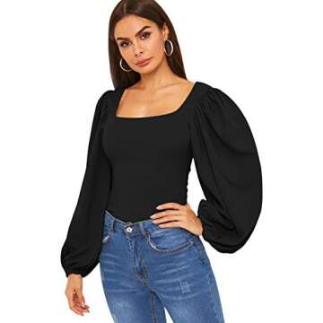 Stylish ROMWE Women's Long Puff Sleeve Black Crop Top