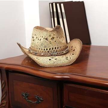 Men's Women's Straw Cowboy Hat Cowgirl Woven Sun Hat Western Cowboy Hat Two Decorative Bands