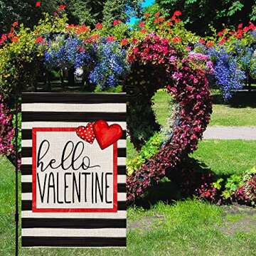 Hello Valentine Watercolor Stripes Garden Flag Love Heart Valentine's Day Holiday Anniversary Wedding Yard Outdoor Decoration 12 x 18 Inch Burlap Spring Garden Flag DF006