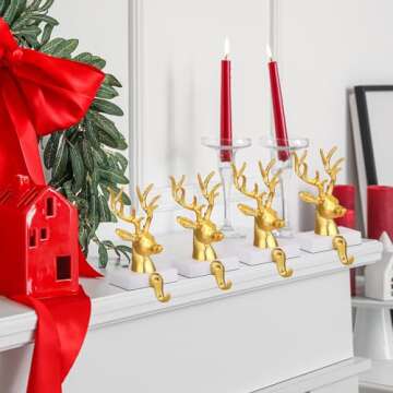 Herdear 4 Pcs Christmas Stocking Holders for Mantle Christmas Deer Stocking Hangers Metal Reindeer Xmas Stocking Stand for Holiday Mantel Counter Window Christmas Decoration(Gold)