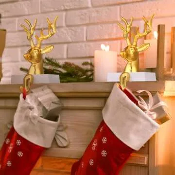 Herdear 4 Pcs Christmas Stocking Holders for Mantle Christmas Deer Stocking Hangers Metal Reindeer Xmas Stocking Stand for Holiday Mantel Counter Window Christmas Decoration(Gold)