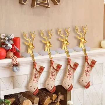 Herdear 4 Pcs Christmas Stocking Holders for Mantle Christmas Deer Stocking Hangers Metal Reindeer Xmas Stocking Stand for Holiday Mantel Counter Window Christmas Decoration(Gold)