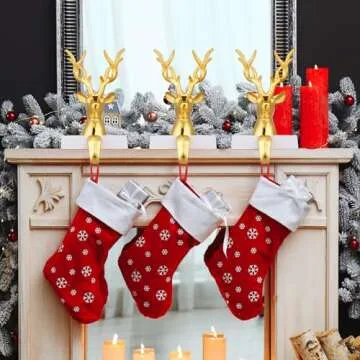 Herdear 4 Pcs Christmas Stocking Holders for Mantle Christmas Deer Stocking Hangers Metal Reindeer Xmas Stocking Stand for Holiday Mantel Counter Window Christmas Decoration(Gold)