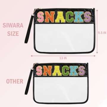 Siwara Snack Pouch Travel Makeup Bag Chenille Letter Clear Snack Bag for Travel Nylon Clear Cosmetic Bag Large Snacks Bags Makeup Travel Bags for Women (Black-Snacks)