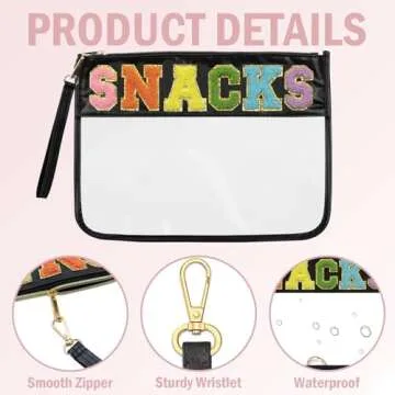 Siwara Snack Pouch Travel Makeup Bag Chenille Letter Clear Snack Bag for Travel Nylon Clear Cosmetic Bag Large Snacks Bags Makeup Travel Bags for Women (Black-Snacks)