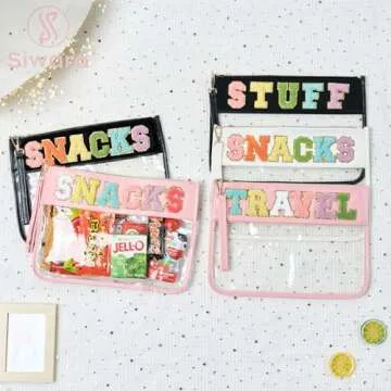 Siwara Snack Pouch Travel Makeup Bag Chenille Letter Clear Snack Bag for Travel Nylon Clear Cosmetic Bag Large Snacks Bags Makeup Travel Bags for Women (Black-Snacks)