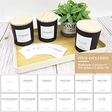 Ezebesta 3PCS Modern 13.53oz Black Bathroom Canisters with 12 Labels & Wooden Lid Thick Glass Jar Se...