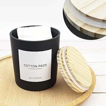 Ezebesta 3PCS Modern 13.53oz Black Bathroom Canisters with 12 Labels & Wooden Lid Thick Glass Jar Set Qtip Holder for Cotton Ball & Pads Storage Organization Minimalist Decor