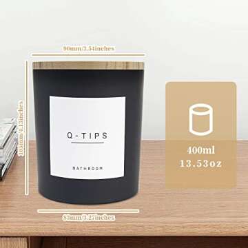 Ezebesta 3PCS Modern 13.53oz Black Bathroom Canisters with 12 Labels & Wooden Lid Thick Glass Jar Set Qtip Holder for Cotton Ball & Pads Storage Organization Minimalist Decor