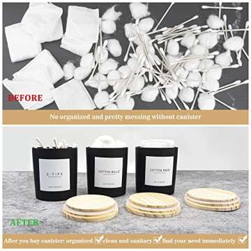 Ezebesta 3PCS Modern 13.53oz Black Bathroom Canisters with 12 Labels & Wooden Lid Thick Glass Jar Set Qtip Holder for Cotton Ball & Pads Storage Organization Minimalist Decor