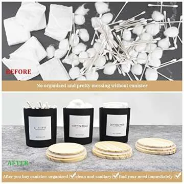 Ezebesta 3PCS Modern 13.53oz Black Bathroom Canisters with 12 Labels & Wooden Lid Thick Glass Jar Set Qtip Holder for Cotton Ball & Pads Storage Organization Minimalist Decor