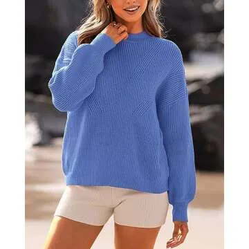 BTFBM Womens Casual Long Sleeve Sweaters Crew Neck Oversized Ribbed Knit Pullover Sweater 2025 Fall Winter Jumper Tops(Solid Sky Blue, X-Large)