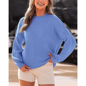 BTFBM Womens Casual Long Sleeve Sweaters Crew Neck Oversized Ribbed Knit Pullover Sweater 2025 Fall Winter Jumper Tops(Solid Sky Blue, X-Large)