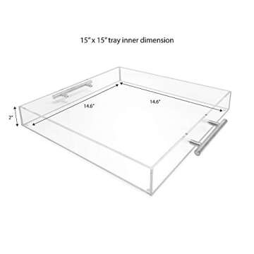 Isaac Jacobs Clear Acrylic Serving Tray (15x15) with Silver Metal Handles, Spill-Proof, Stackable Organizer, Food & Drinks Server, Indoors/Outdoors, Lucite Storage (15x15, Clear with Silver Handle)
