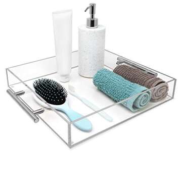 Isaac Jacobs Clear Acrylic Serving Tray (15x15) with Silver Metal Handles, Spill-Proof, Stackable Organizer, Food & Drinks Server, Indoors/Outdoors, Lucite Storage (15x15, Clear with Silver Handle)