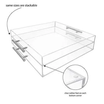 Isaac Jacobs Clear Acrylic Serving Tray (15x15) with Silver Metal Handles, Spill-Proof, Stackable Organizer, Food & Drinks Server, Indoors/Outdoors, Lucite Storage (15x15, Clear with Silver Handle)