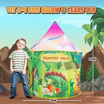 Dinosaur Kids Tent with Roar Button, Toss Game, Dart Board, Foldable Dino Pop Up Tent for Kids, Dinosaur Toys Gift for Kids 3-5 Girls Boys, Outdoor Indoor Playhouse Teepee